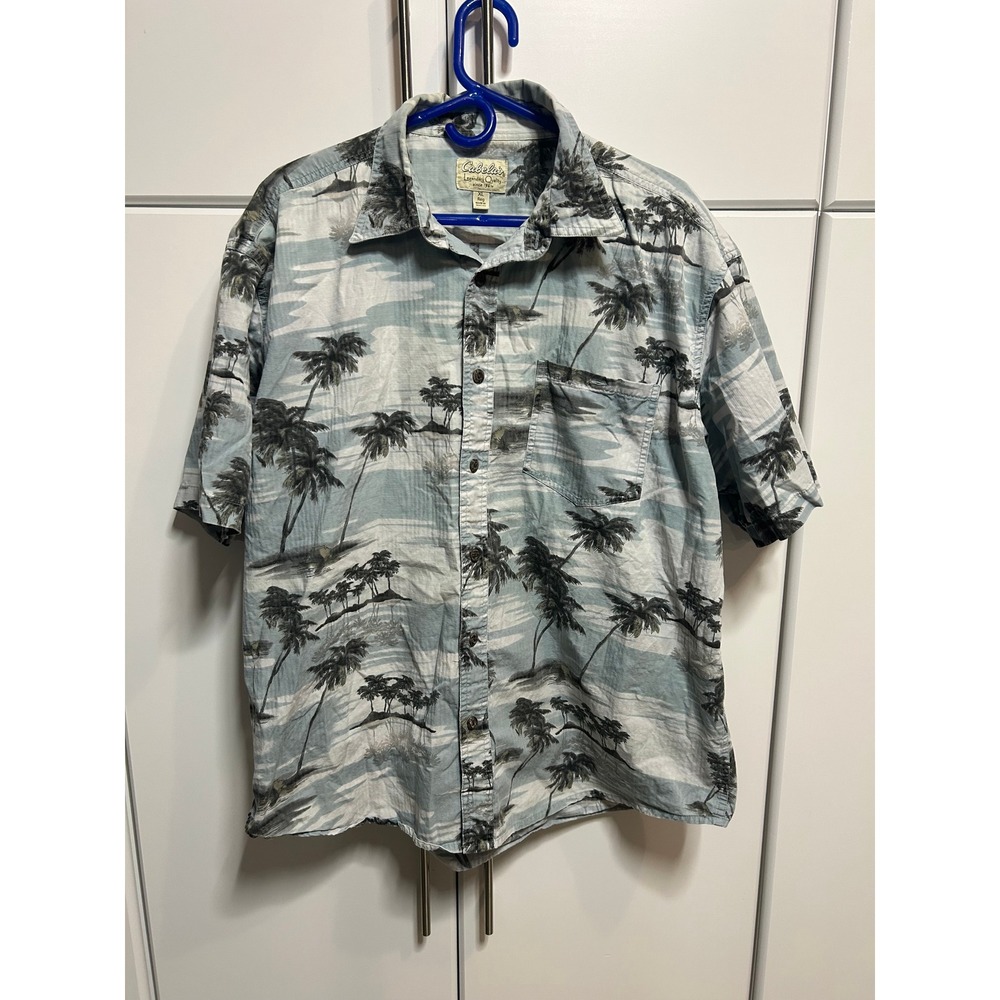 Cabelas Mens XL Blue Tropical Palm‎ Tree Island Short Sleeve Button Up Shirt